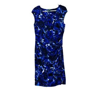 Lauren Ralph Lauren Womens Sz 10 Black Blue Floral Print Ruched Sheath Dress